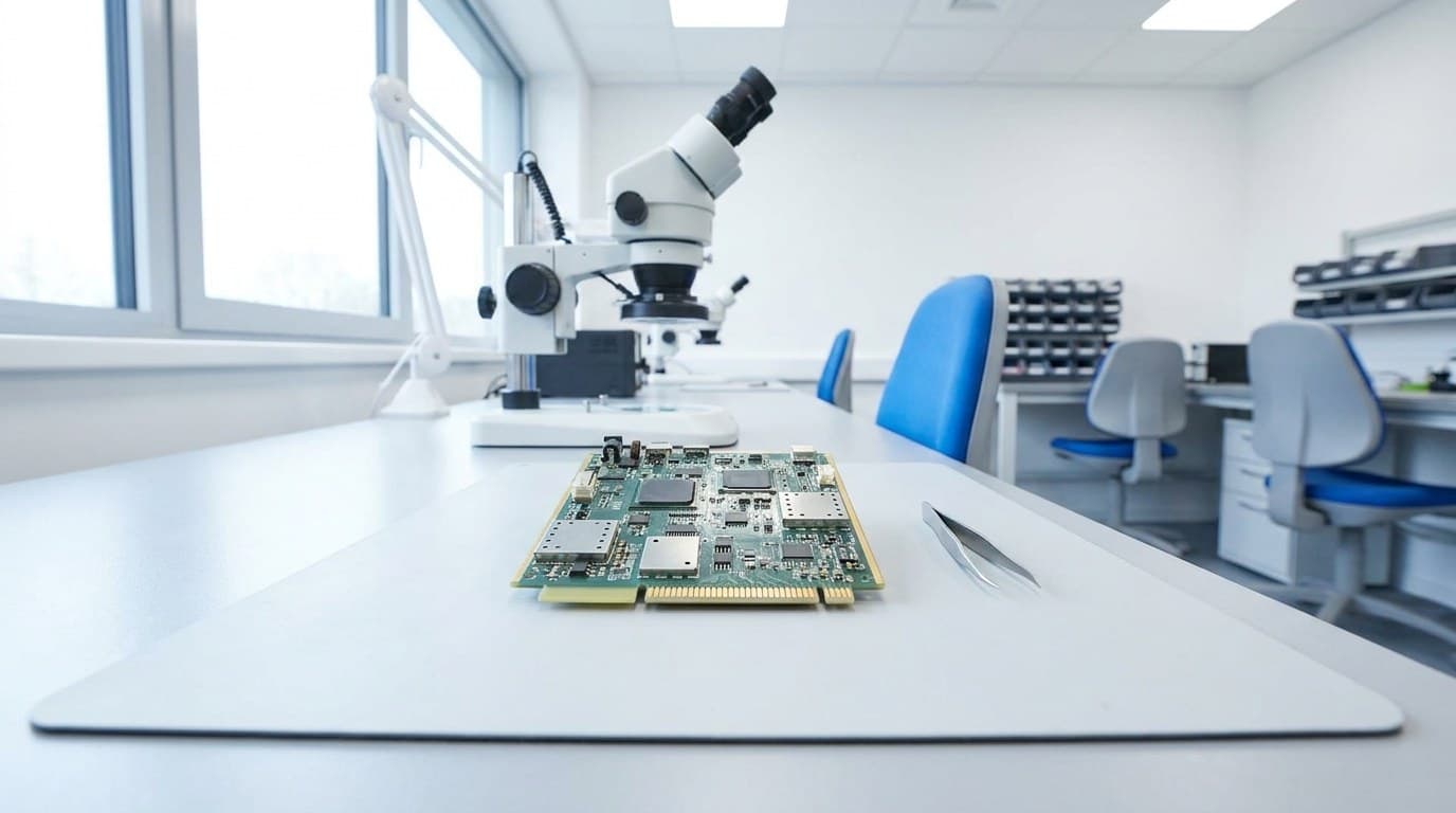Multi-channel ultrasound front-end board on an ESD bench mat with a stereo microscope and bench power supply behind it