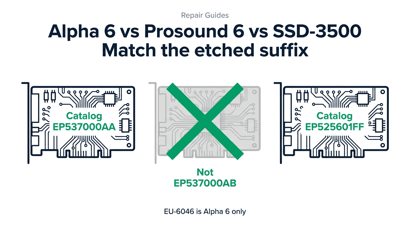 Editorial Repair Guides cover comparing catalog Aloka Alpha 6/7 motherboard EP537000AA and SSD-3500 motherboard EP525601FF against ranking EP537000AB, with catalog PSU EU-6046 labeled Alpha 6 only