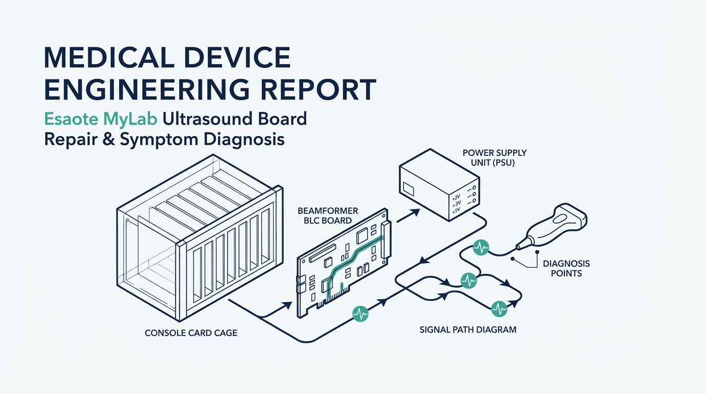 Esaote MyLab ultrasound board diagnostic decision path showing console card cage, BLC beamformer board, power supply unit, and signal path diagnosis points