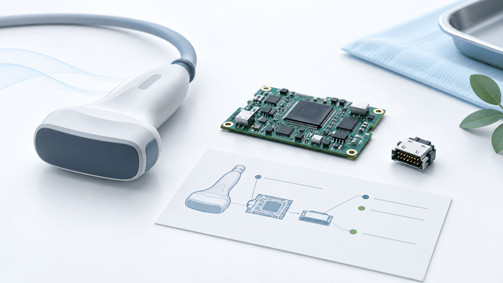 Illustrative ultrasound transducer, circuit board and connector beside a documentation card.