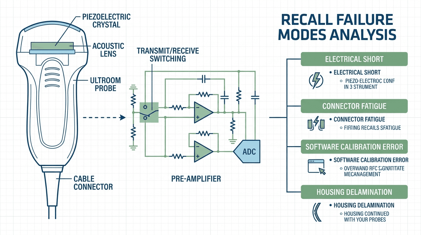 Rongtao Medical editorial cover analyzing 527 FDA ultrasound system and transducer recalls showing probe defects, software issues, and inspection workflows