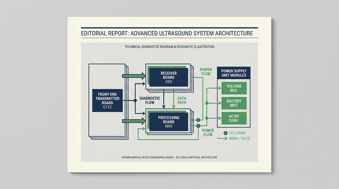 GE Logiq E9, E10, and E11 ultrasound board repair decision path showing front-end transmit GTX2, receive DRX, processing MRX, power supplies, and platform boundary