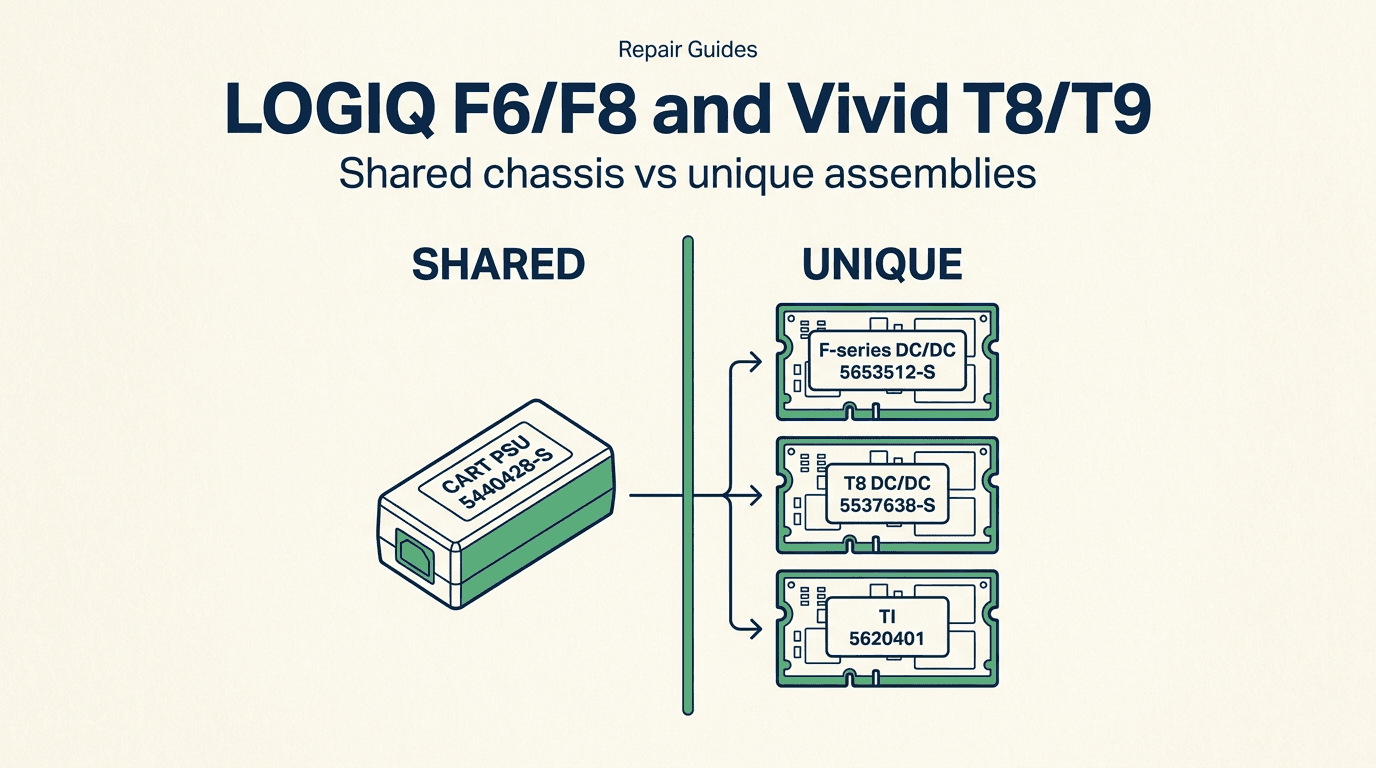 Technical decision diagram comparing shared chassis assemblies against unique boards for GE LOGIQ F6/F8 and Vivid T8/T9 ultrasound systems