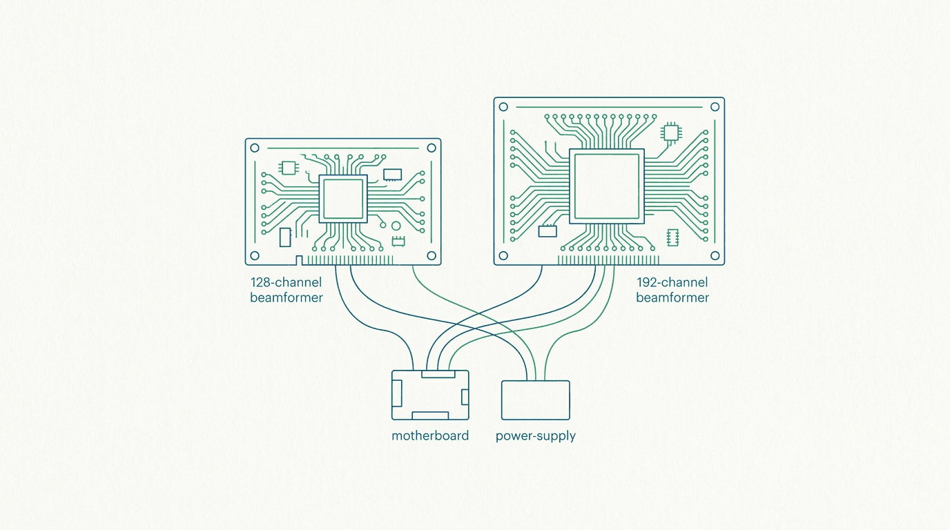 Editorial diagram of GE LOGIQ S7 versus S8 board repair: 128-channel beamformer beside 192-channel beamformer, with motherboard and power-supply blocks below
