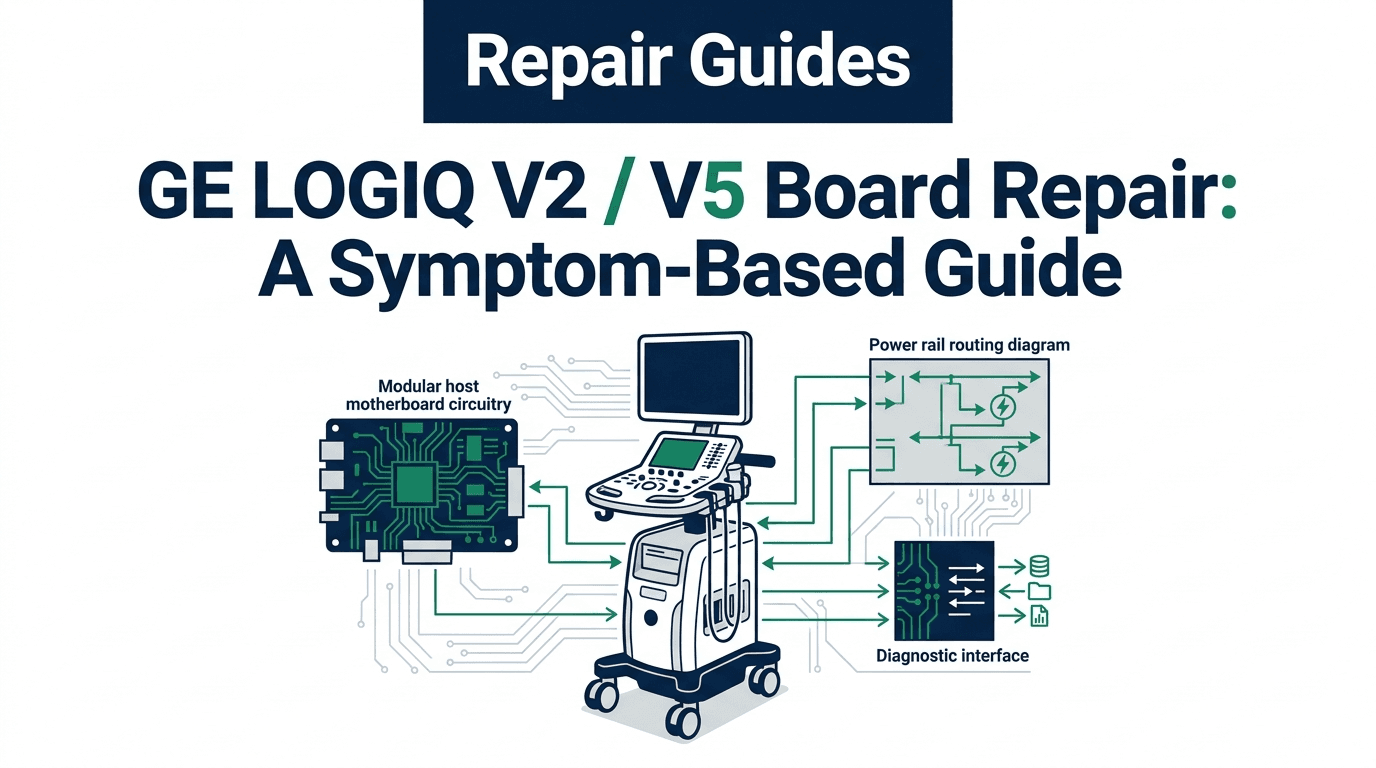 Repair Guides editorial cover for GE LOGIQ V2/V5 Board Repair: A Symptom-Based Guide, isolating catalog V5 host 5490324-5 from inventory V2 IO 5546692, unlabeled 5548692, laptop LOGIQ e, and LOGIQ P5 leftovers