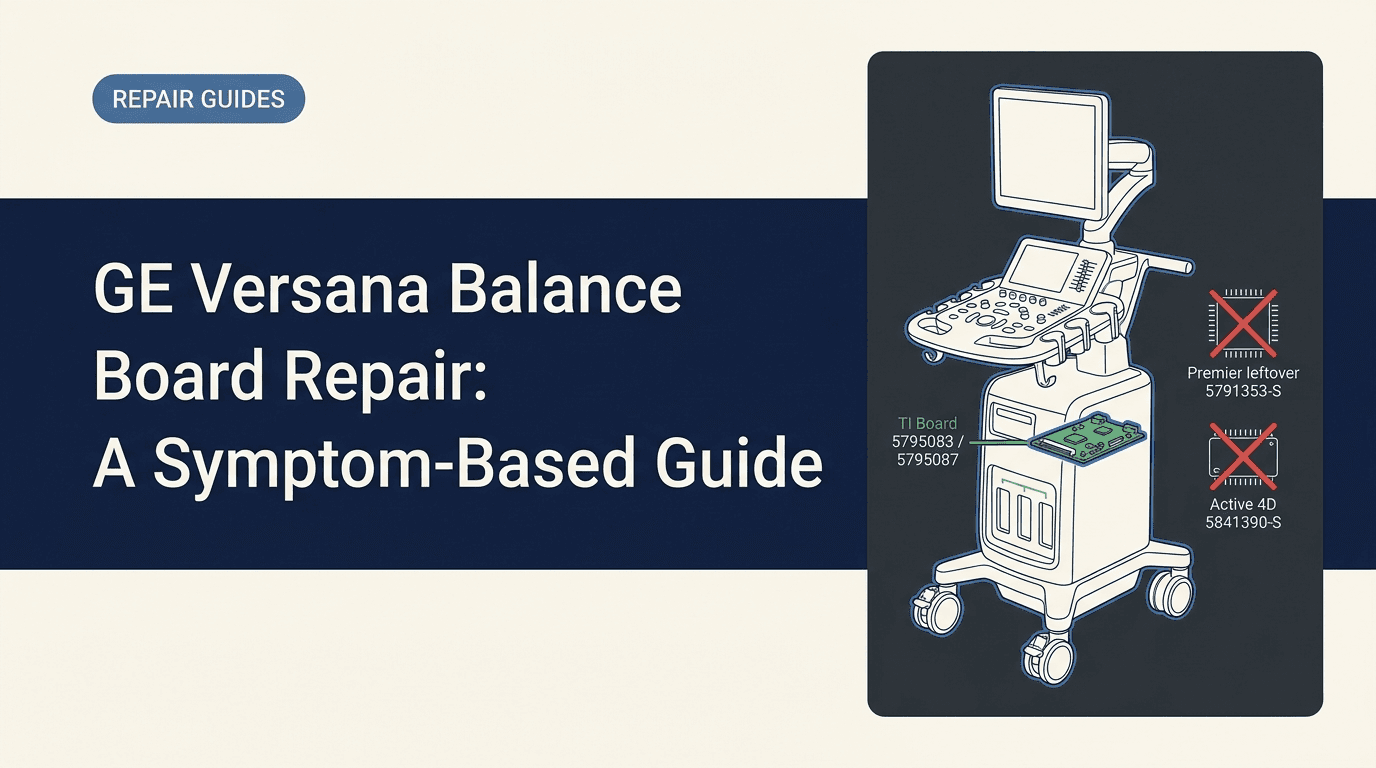 Repair Guides editorial cover for GE Versana Balance Board Repair: A Symptom-Based Guide, isolating catalog TI 5795083/5795087 from leftover Premier 5791353-S and OEM Active 4D 5841390-S