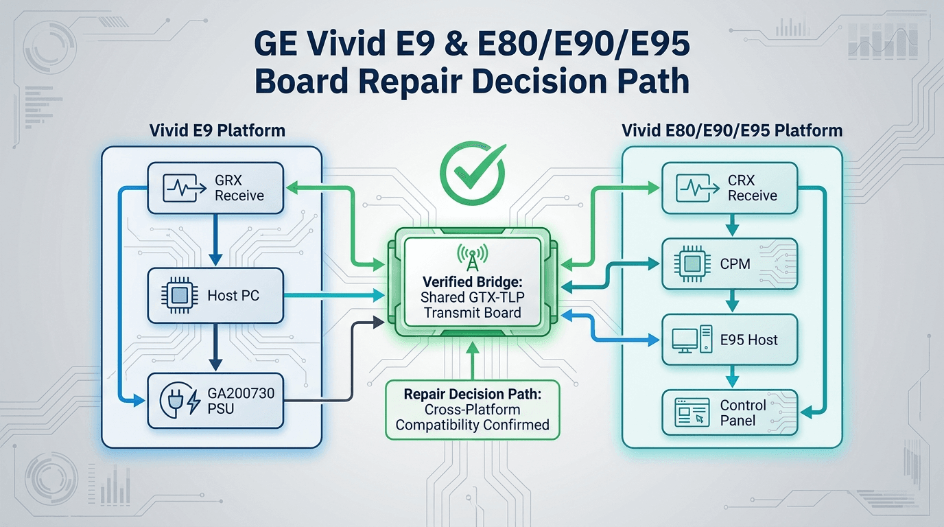 GE Vivid E9 and E80/E90/E95 ultrasound board repair decision path showing front-end transmit GTX-TLP, receive GRX/CRX, CPM, power supply, host PC, and platform boundary