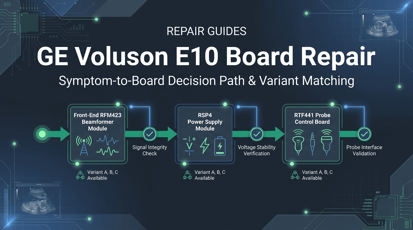 GE Voluson E10 ultrasound board repair decision path showing RFM423 front-end beamformer, RSP4 power supply module, RTF441 e4D probe control board, and variant matching workflow