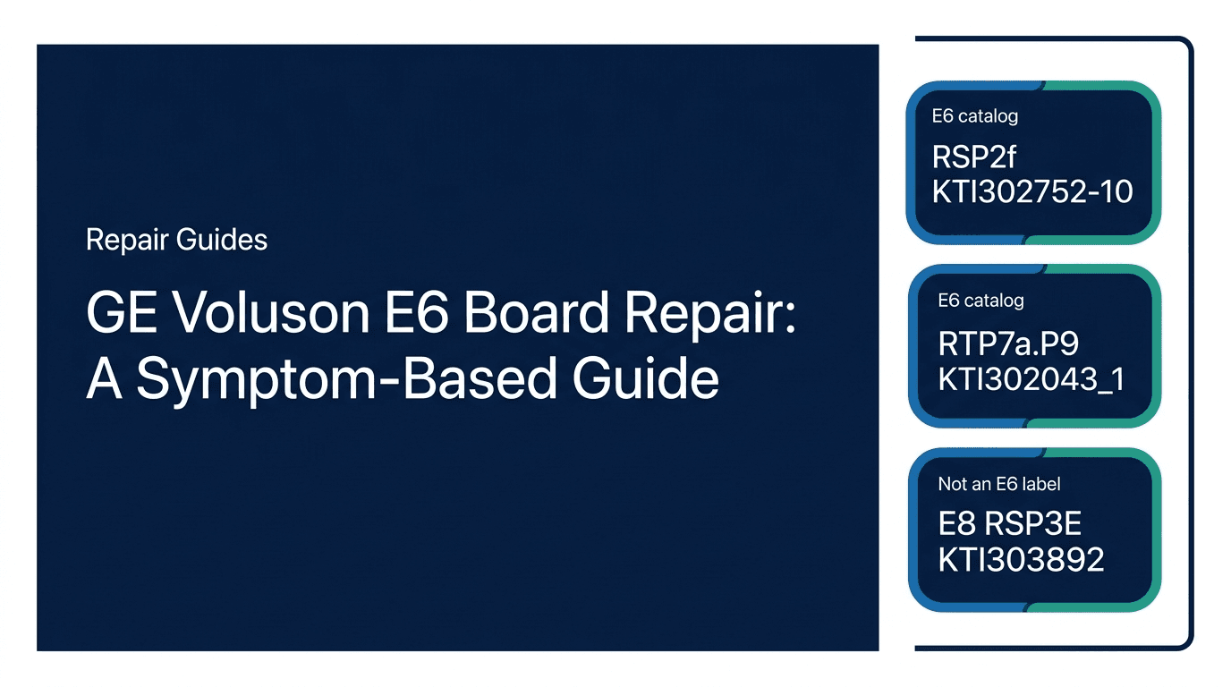 Repair Guides editorial cover for GE Voluson E6 Board Repair: A Symptom-Based Guide, separating catalog RSP2f KTI302752-10 and RTP7a.P9 KTI302043_1 from E8 RSP3E KTI303892