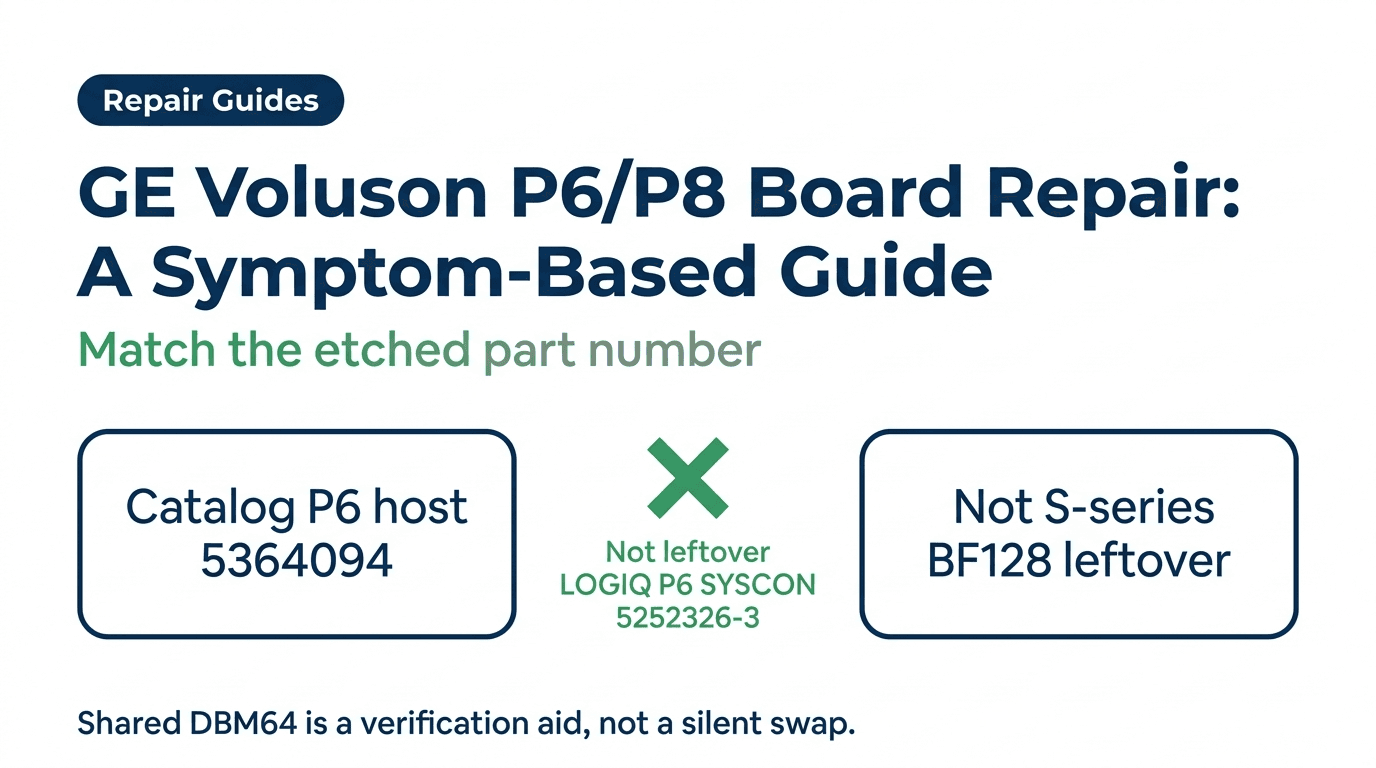 Repair Guides editorial cover for GE Voluson P6/P8 Board Repair: A Symptom-Based Guide, isolating catalog P6 host 5364094 from leftover LOGIQ P6 SYSCON 5252326-3 and S-series BF128 leftovers