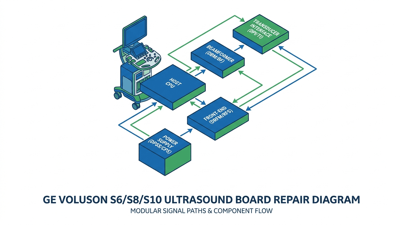 Technical editorial diagram of GE Voluson S6, S8, and S10 board repair: modular signal paths between DPSS/CPS power supply, host CPU, DRFM/RFS front-end transceiver, DBM/BF beamformer, and DPI/TI transducer interface