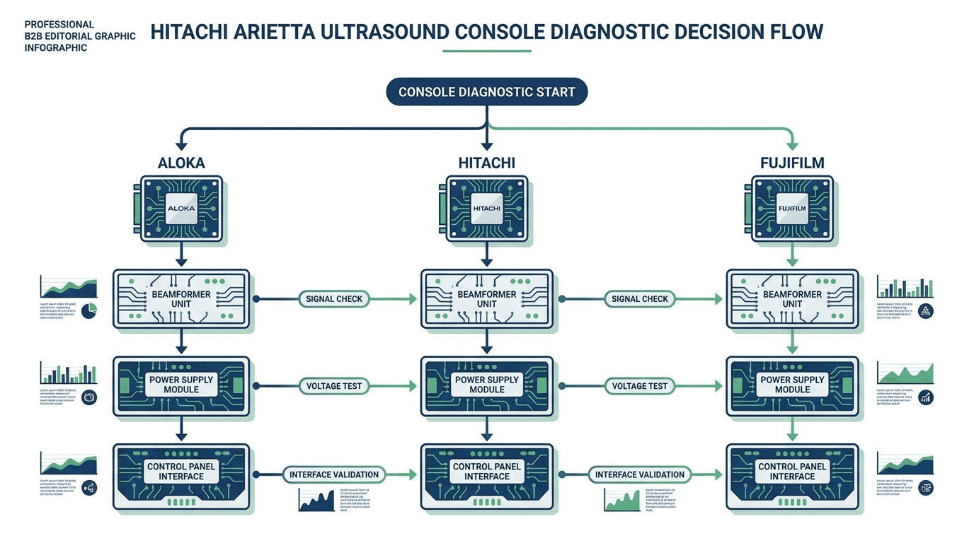 Hitachi Fujifilm Aloka ultrasound board diagnostic decision path showing ARIETTA DBF beamformer, channel, motherboard, power supply, and control panel isolation