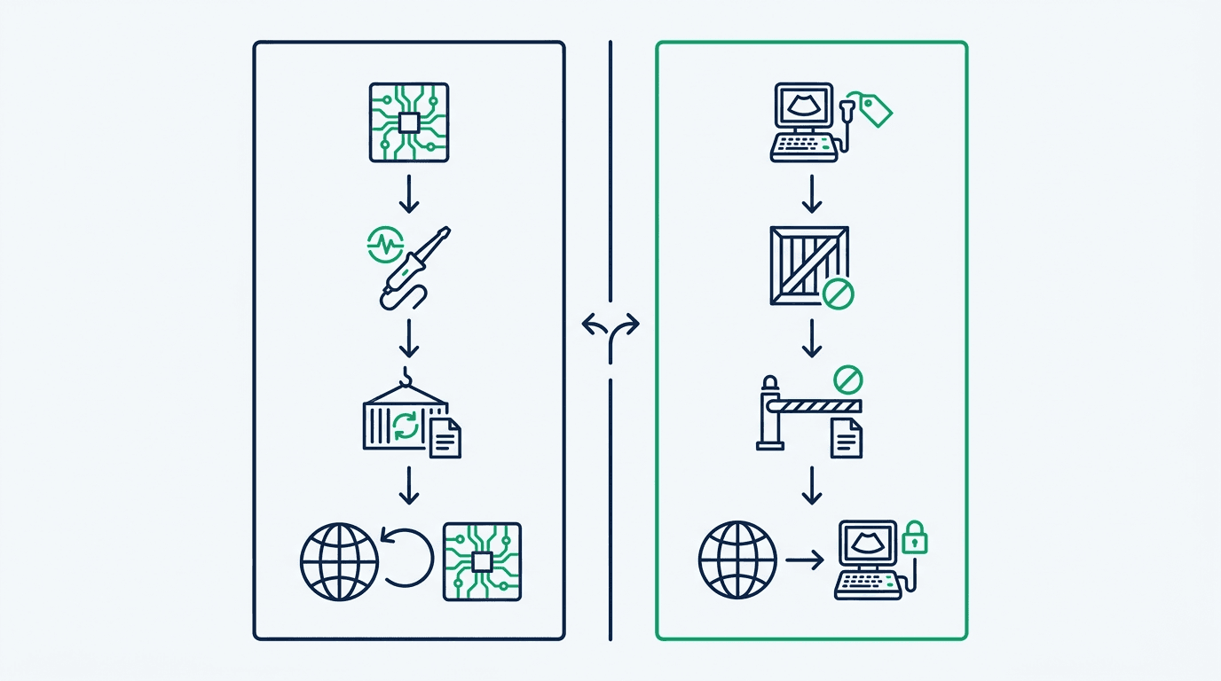 Decision workflow distinguishing ultrasound component repair return from restricted refurbished equipment import under Indian medical device regulations
