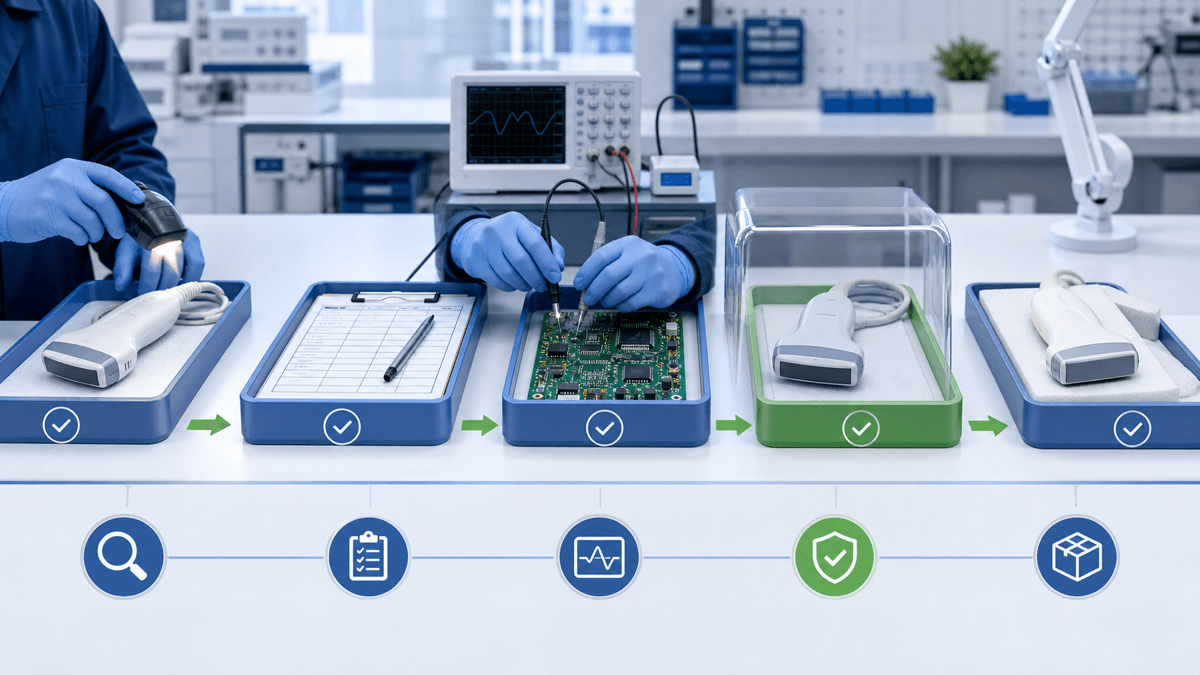 A serialized ultrasound repair work order moves through receiving inspection, measurement, quarantine, and release gates in a controlled quality workflow.
