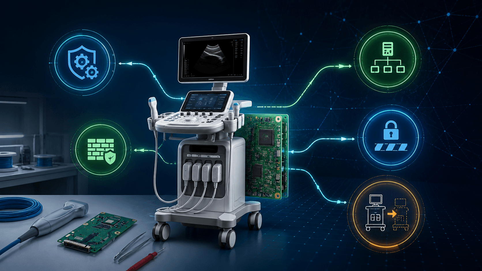 A legacy ultrasound system and serviceable circuit board connected to four cybersecurity disposition paths: patch, segment, isolate and replace.