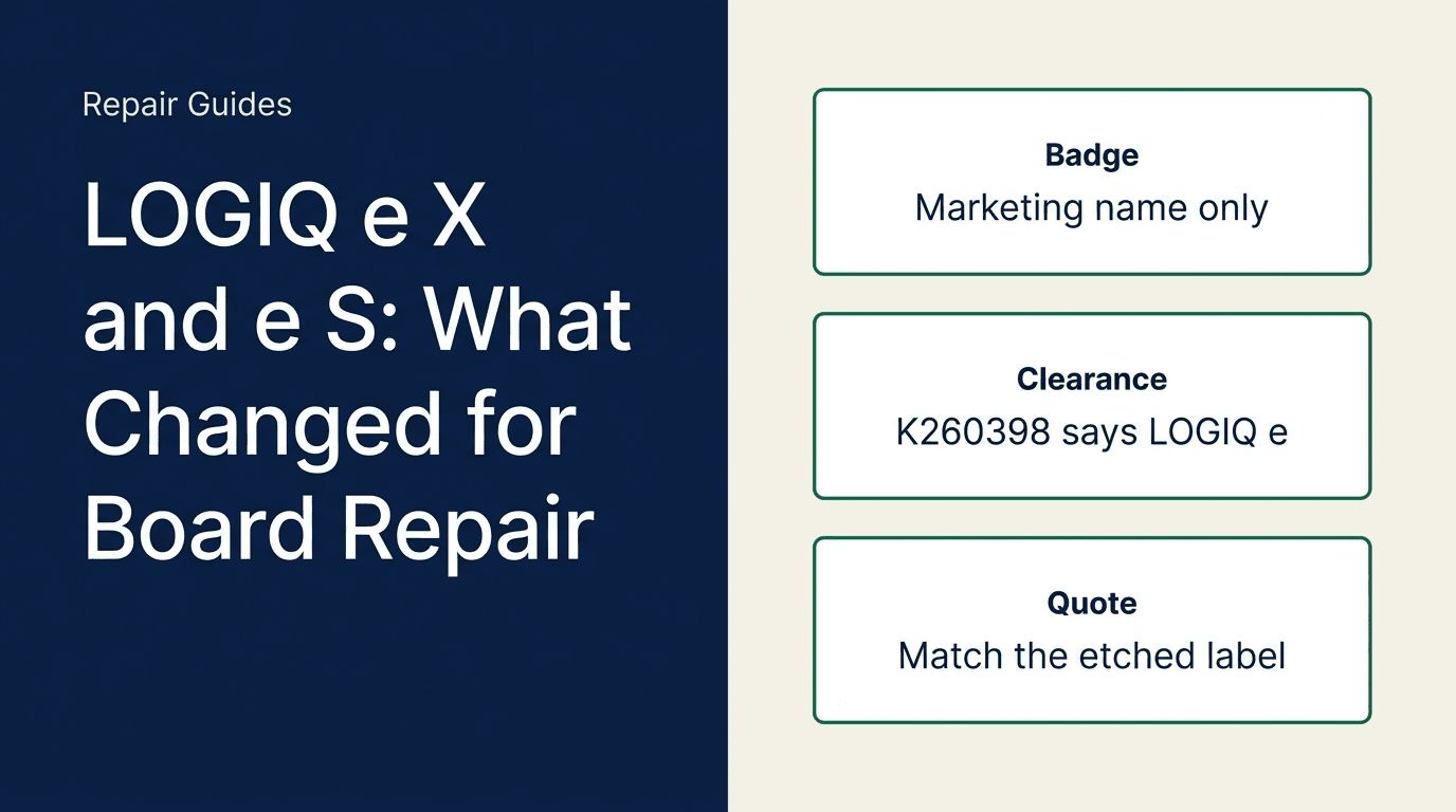 Repair Guides cover titled LOGIQ e X and e S: What Changed for Board Repair, with cards for the marketing badge, K260398 trade name LOGIQ e, and matching the etched board label