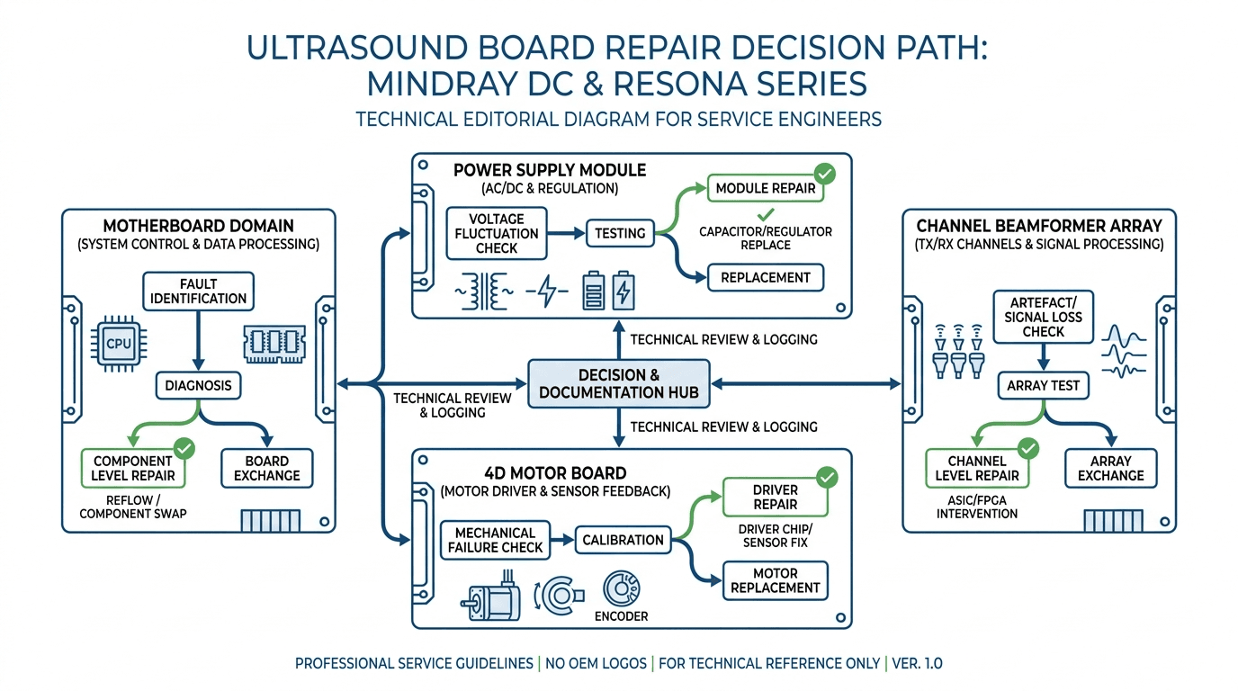 Mindray DC and Resona ultrasound board diagnostic decision path showing motherboard, power supply, 4D motor board, transmit/receive channel board, and control panel isolation