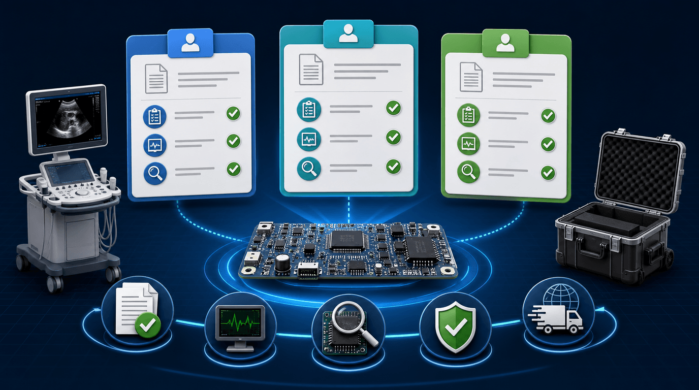 Multi-brand ultrasound board repair RFQ template and weighted bid evaluation rubric showing tender scope and vendor quality scoring
