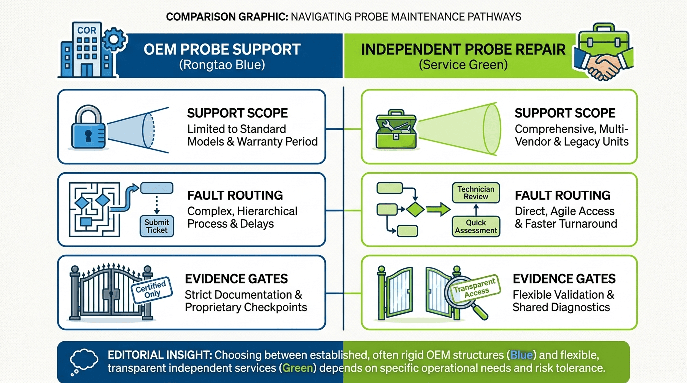 Support-scope comparison framework between OEM probe support and independent probe repair showing fault routing and acceptance evidence gates