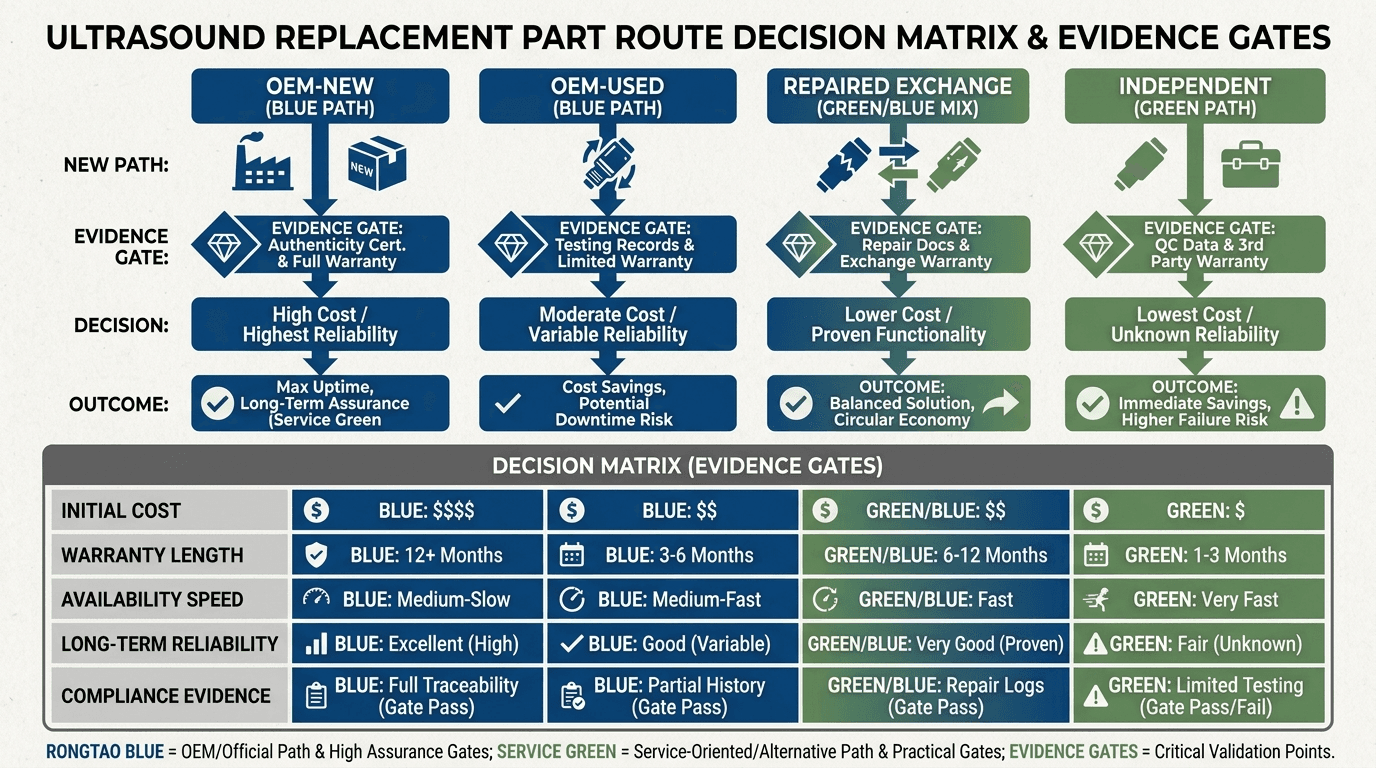 Decision framework comparing OEM-new, tested OEM-used, repaired exchange, and independent ultrasound replacement part routes