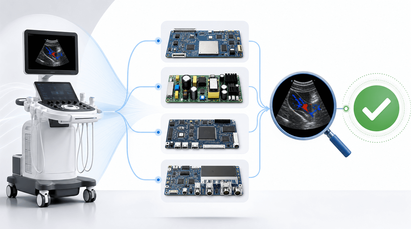Philips ultrasound board diagnostic decision path showing front-end AIM AVIO, processing DSC, and power supply isolation across iU22 and EPIQ consoles