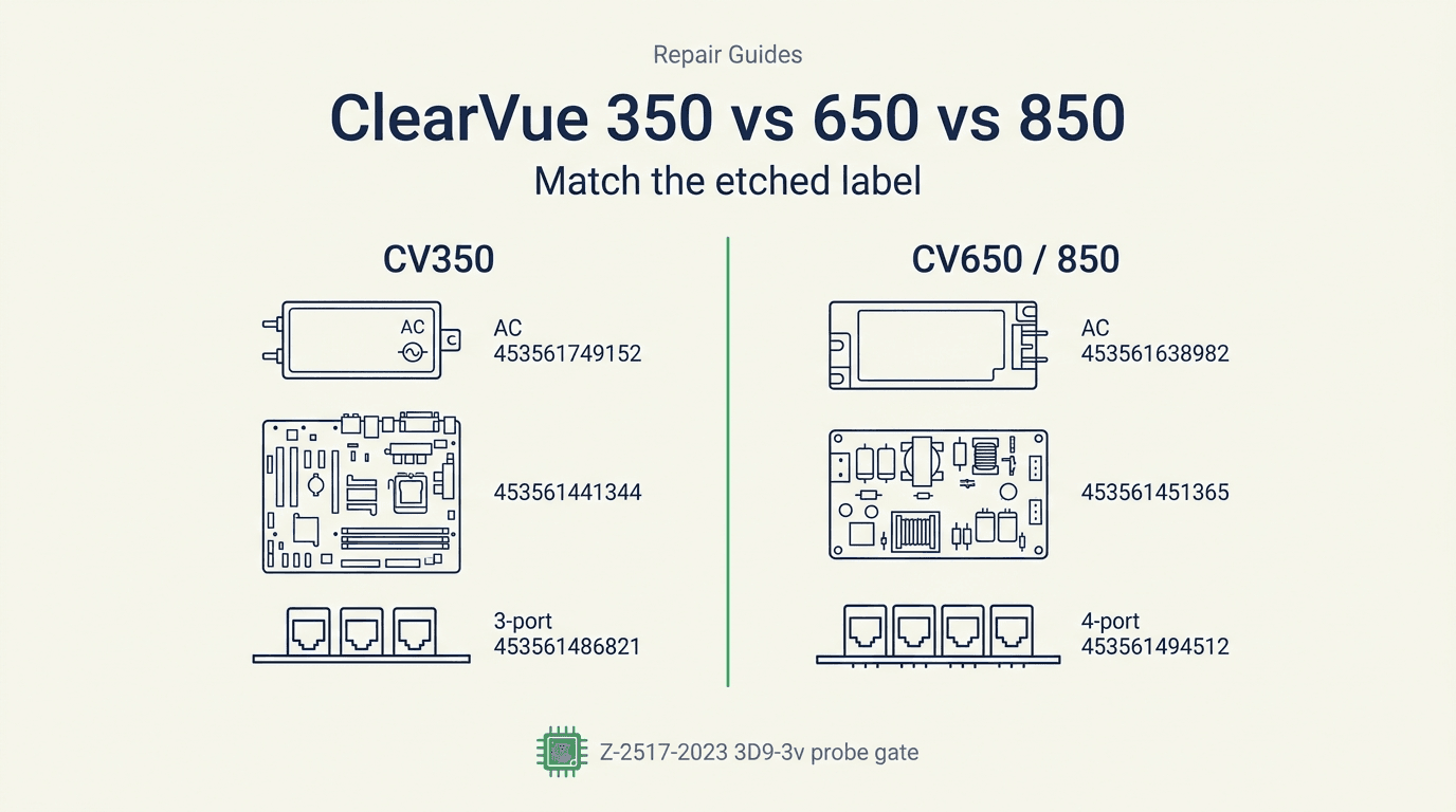 Editorial Repair Guides cover comparing ClearVue 350 assemblies 453561749152, 453561441344, and 3-port 453561486821 with ClearVue 650/850 assemblies 453561638982, 453561451365, and 4-port 453561494512, plus the Z-2517-2023 3D9-3v probe gate
