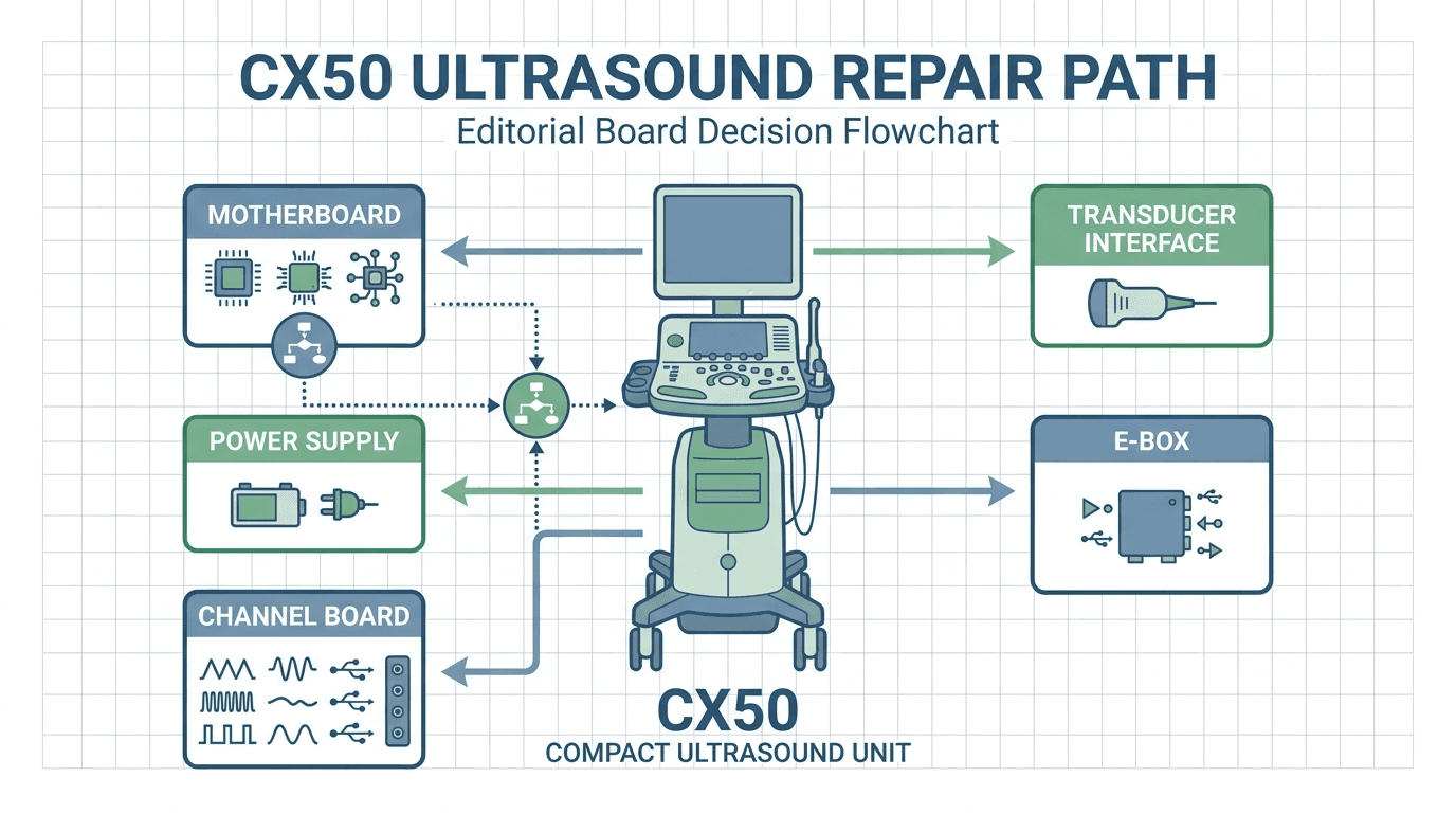 Technical decision path diagram for Philips CX50 ultrasound board repair: mapping motherboard, channel board, power supply, transducer interface, and e-box assemblies
