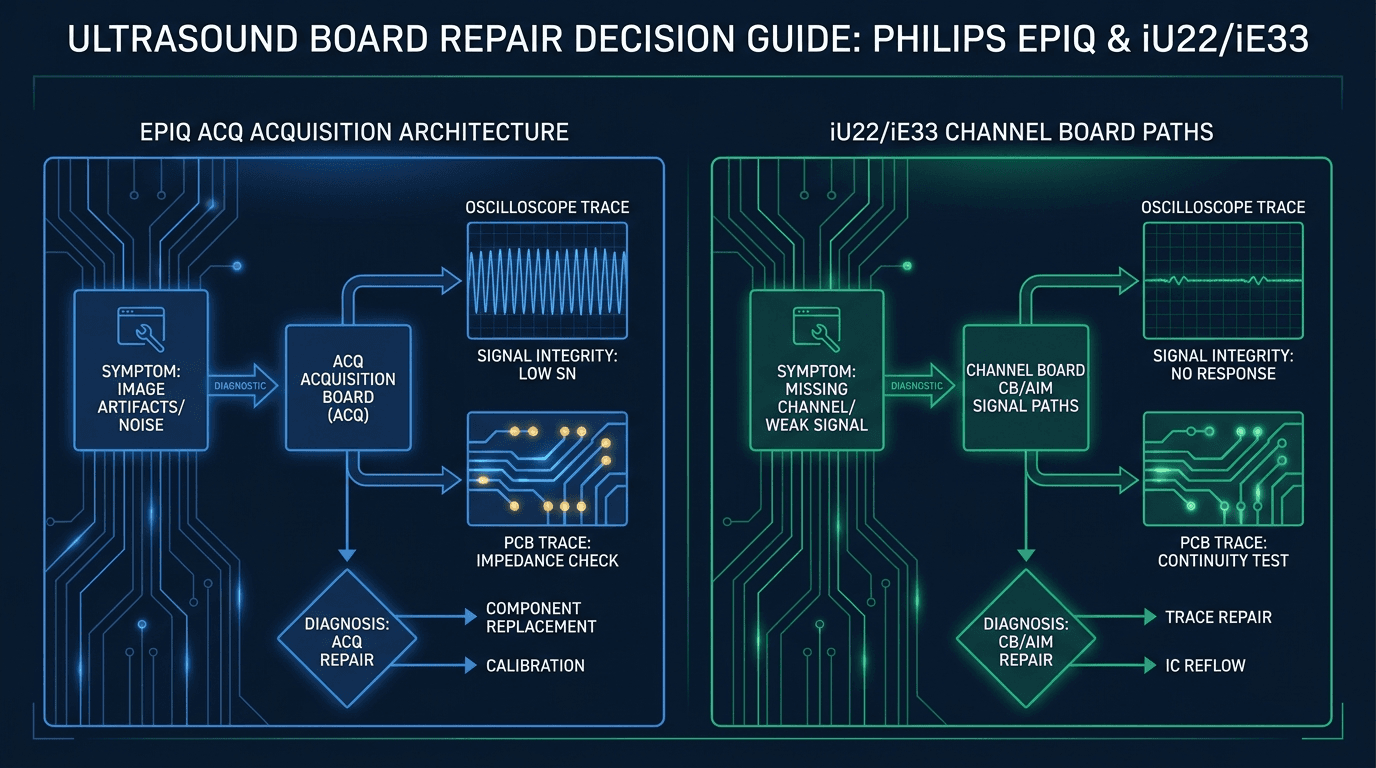 Philips EPIQ 5/7 and iU22/iE33 ultrasound board repair decision path showing ACQ acquisition, AIM/AVIO, CB and FEC channel boards, power supply PSU/PRB, host PC, and platform boundary
