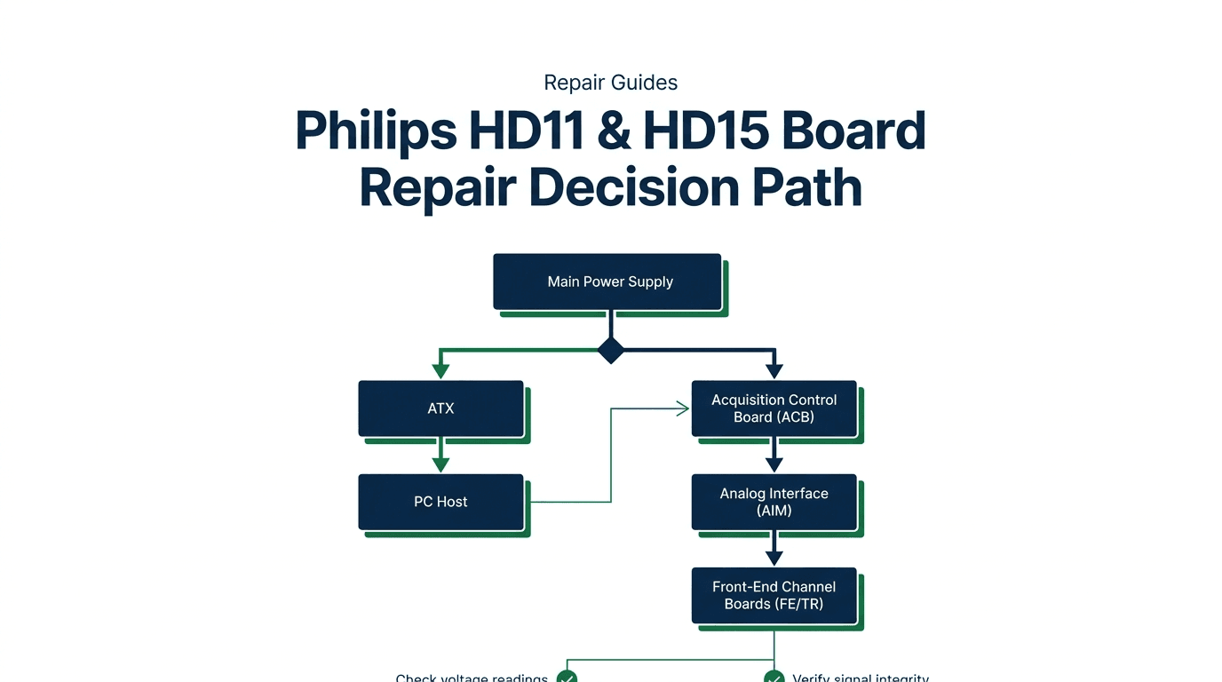 Technical decision path diagram for Philips HD11 and HD15 ultrasound board repair: mapping main power supply, ATX, PC host, ACB, AIM, FE channel board, and control panel assemblies