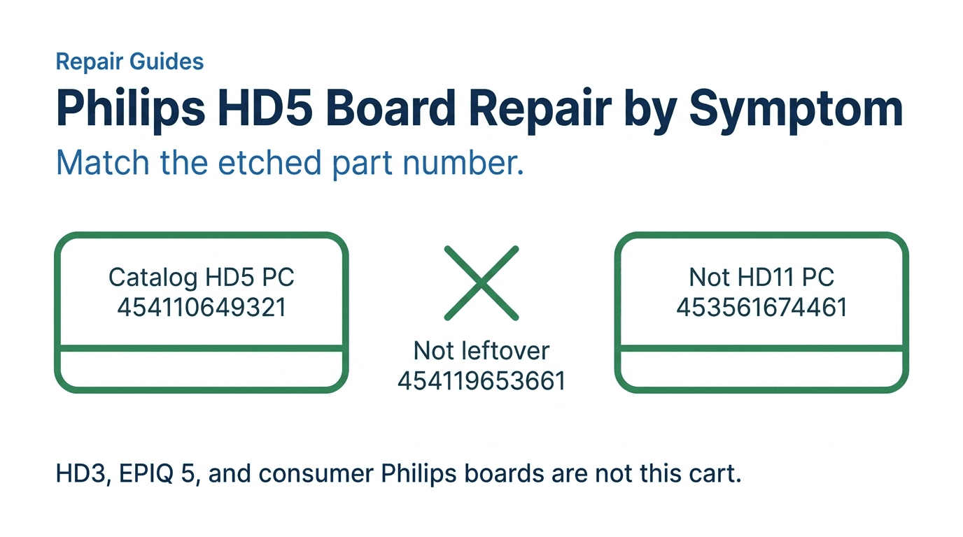 Editorial Repair Guides cover isolating catalog Philips HD5 PC motherboard 454110649321 from leftover PC 454119653661 and HD11 PC 453561674461