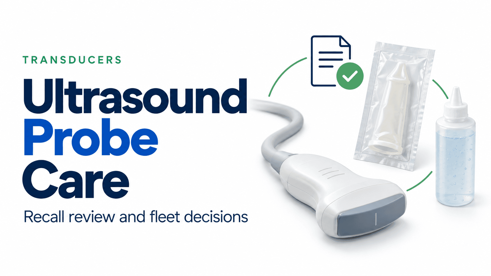 Ultrasound Probe Care editorial cover showing a transducer, sealed cover packet and unbranded gel bottle.