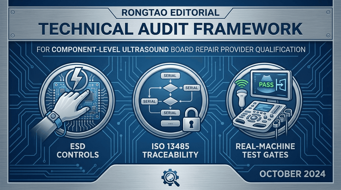 Technical audit framework for qualifying component-level ultrasound board repair providers showing ESD controls, ISO 13485 traceability, and real-machine test gates
