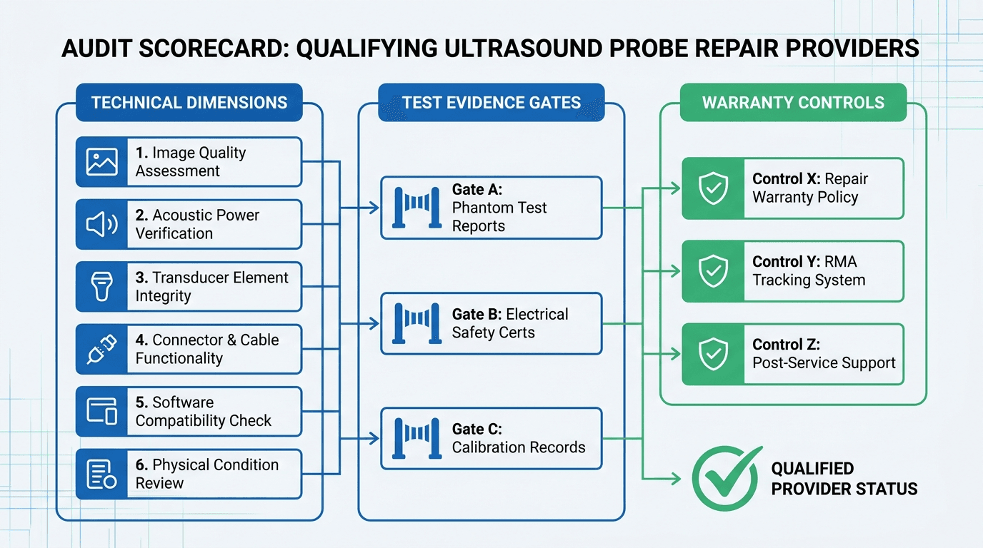 Audit scorecard framework for qualifying ultrasound probe repair providers across six auditable dimensions