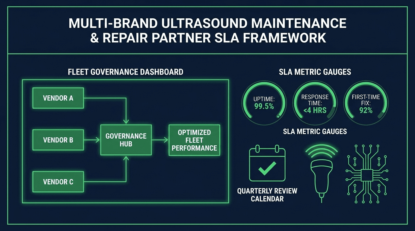 Recurring multi-brand ultrasound maintenance partner governance framework showing SLA metrics, KPI dashboards, quarterly business review structure, and multi-vendor fleet management