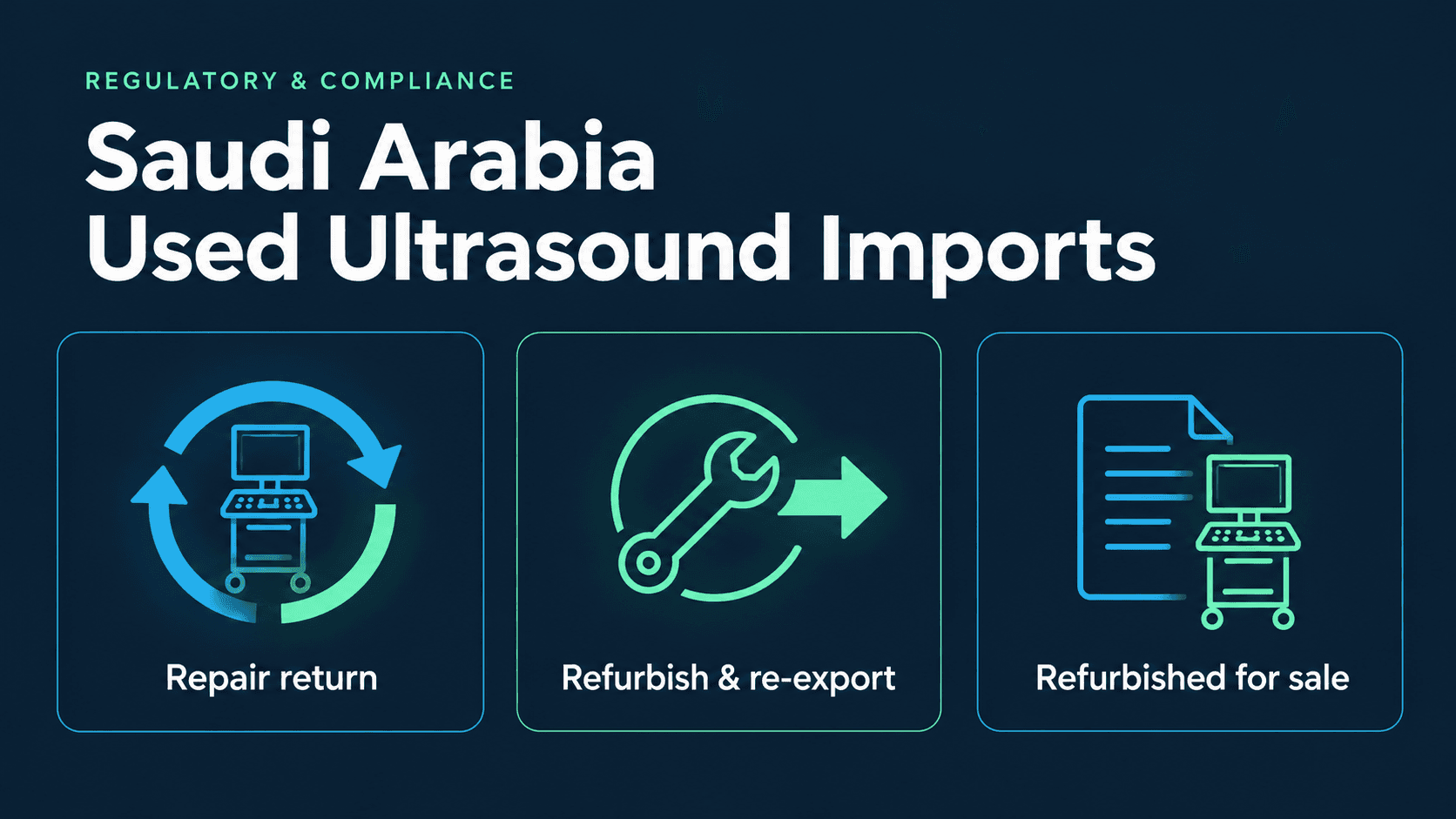 Three separate Saudi used-ultrasound shipment options: repair return, refurbishment for re-export, and refurbished equipment for sale.