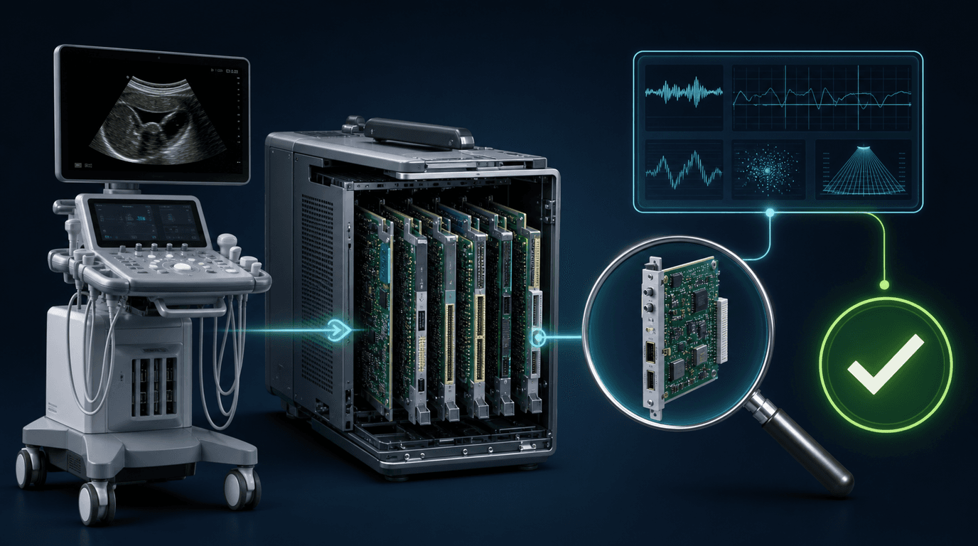 Siemens Acuson ultrasound board diagnostic decision path showing front-end, power supply, and processing board failure isolation