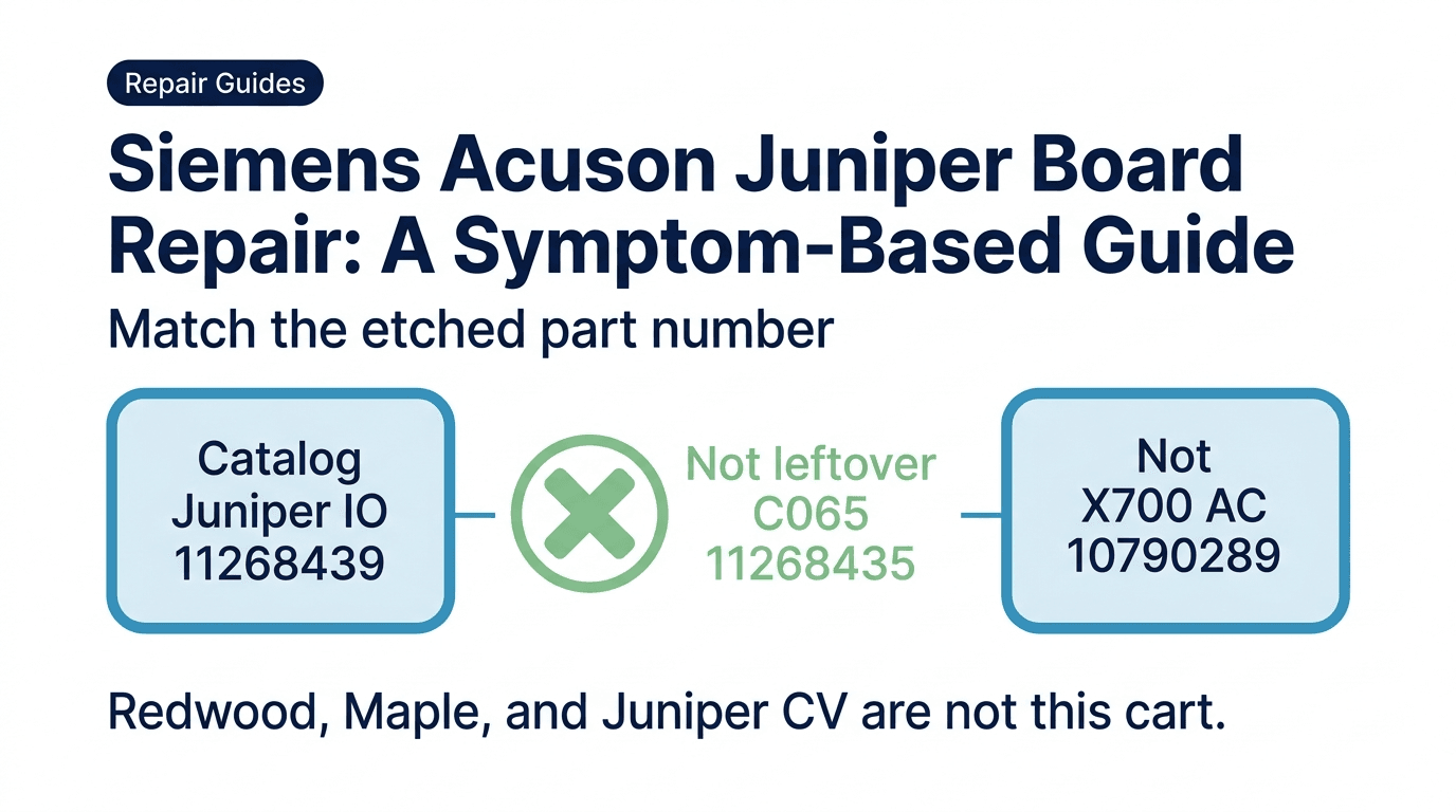 Repair Guides editorial cover for Siemens Acuson Juniper board repair, isolating catalog IO 11268439 from leftover C065 11268435 and X700 AC 10790289