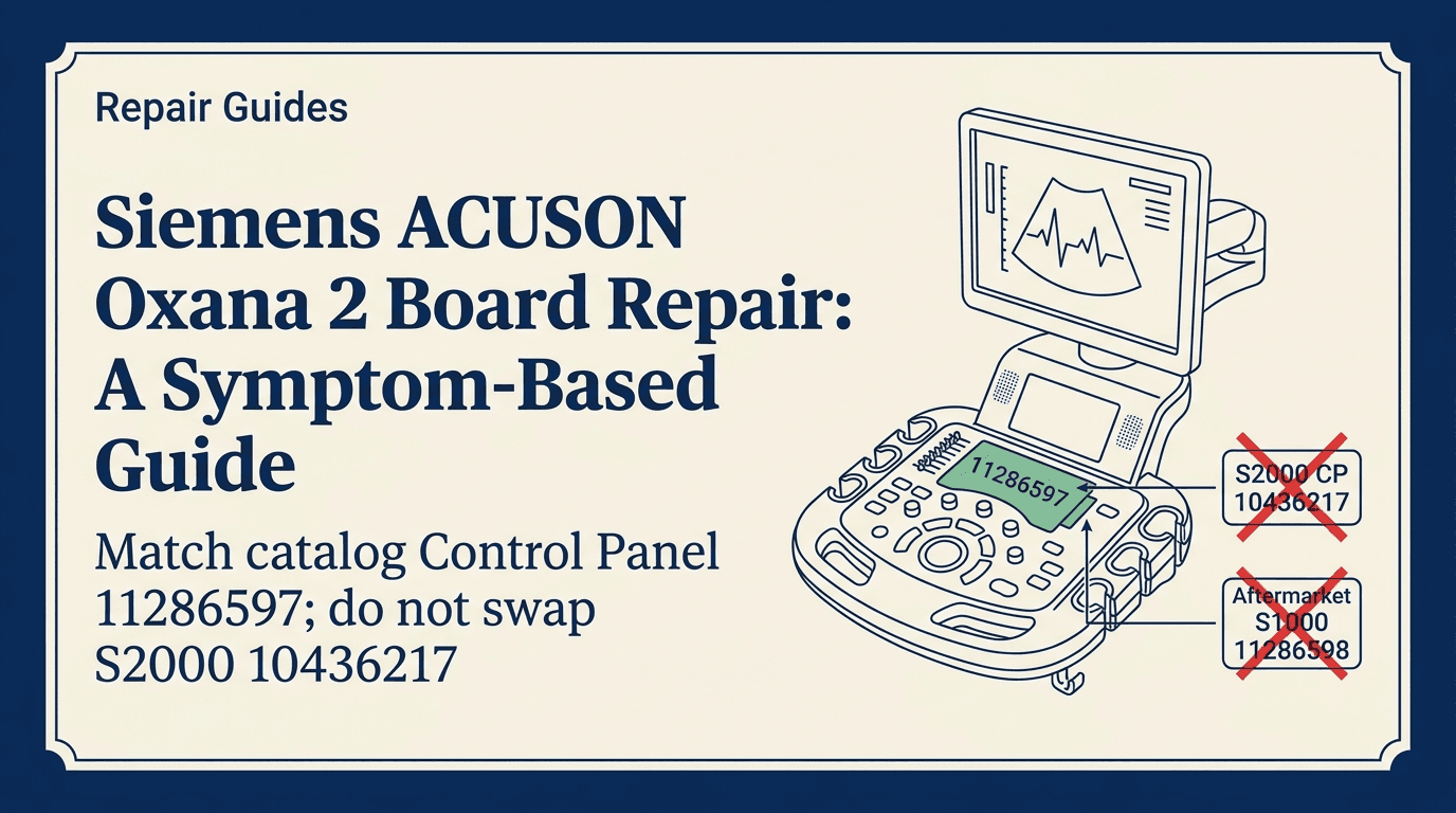Repair Guides editorial cover for Siemens ACUSON Oxana 2 Board Repair: A Symptom-Based Guide, isolating catalog Control Panel 11286597 from S2000 10436217 and aftermarket S1000 11286598