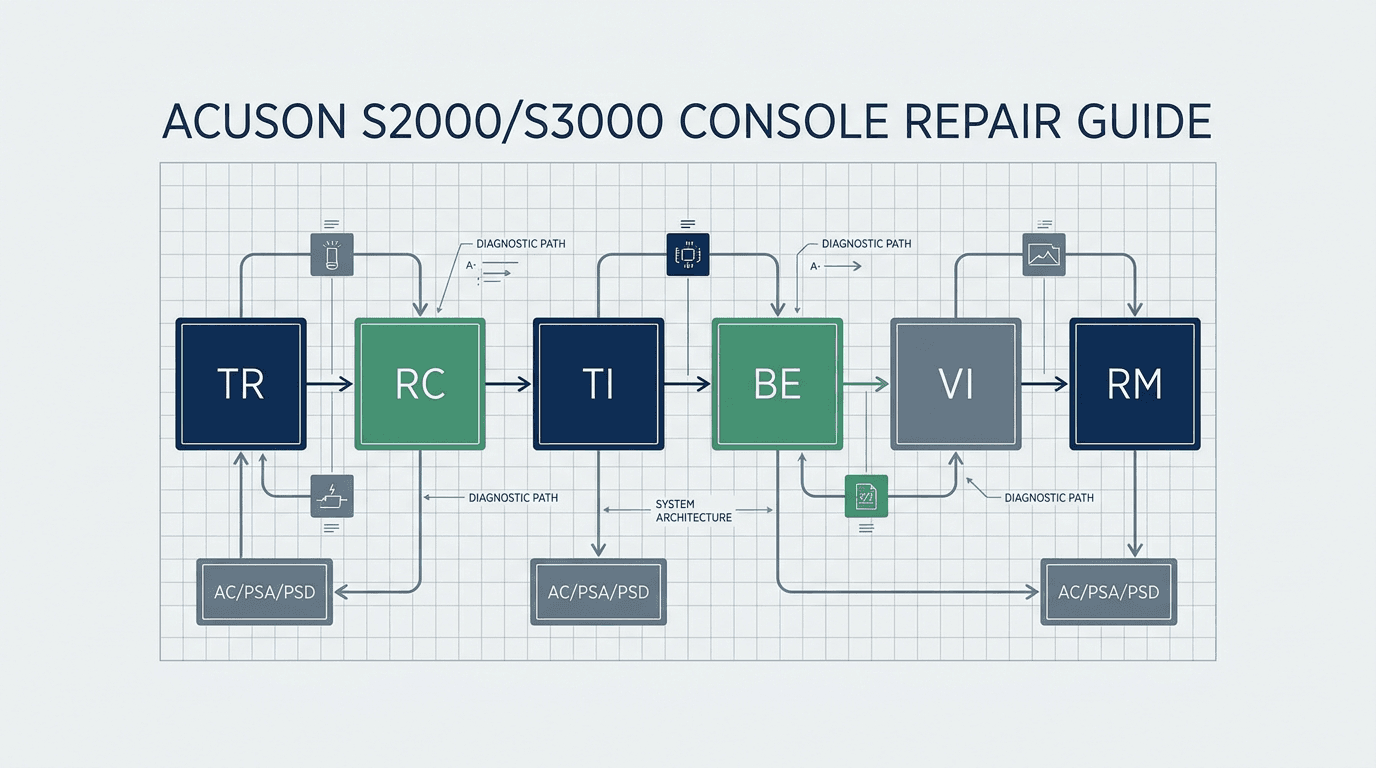 Siemens ACUSON S2000 and S3000 ultrasound board repair decision path showing front-end TR/RC/TI, back-end BE/VI/RM, AC/PSA/PSD power supplies, and generation matching matrix