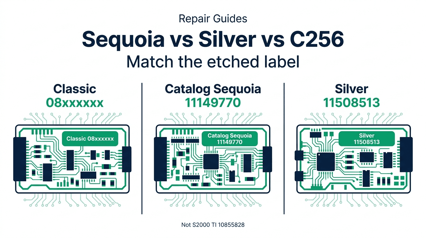 Editorial Repair Guides cover comparing catalog Acuson Sequoia TI 11149770, PSU 10855235, panel 11147441, and touch 11286732 with Sequoia Silver panel 11508513 against S2000 TI 10855828 and classic marketplace 08239132