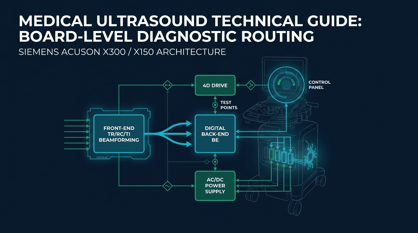 Siemens ACUSON X300 and X150 board repair decision path: technical guide cover with a diagnostic routing diagram linking front-end TR/RC/TI beamforming, digital back-end BE, AC and DC power supplies, 4D drive, and control panel