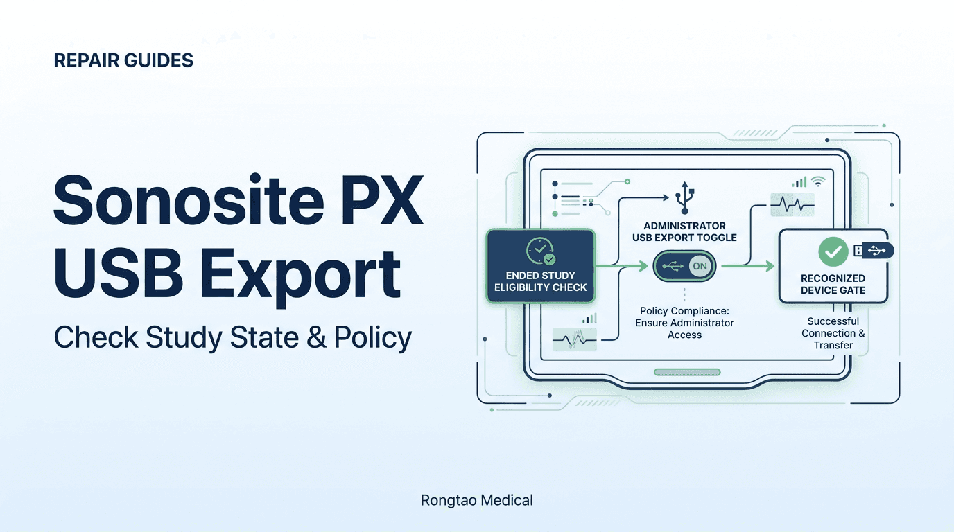 Editorial diagram of a Sonosite PX USB export path with three gates: ended-study eligibility check, administrator USB export toggle and recognized USB device
