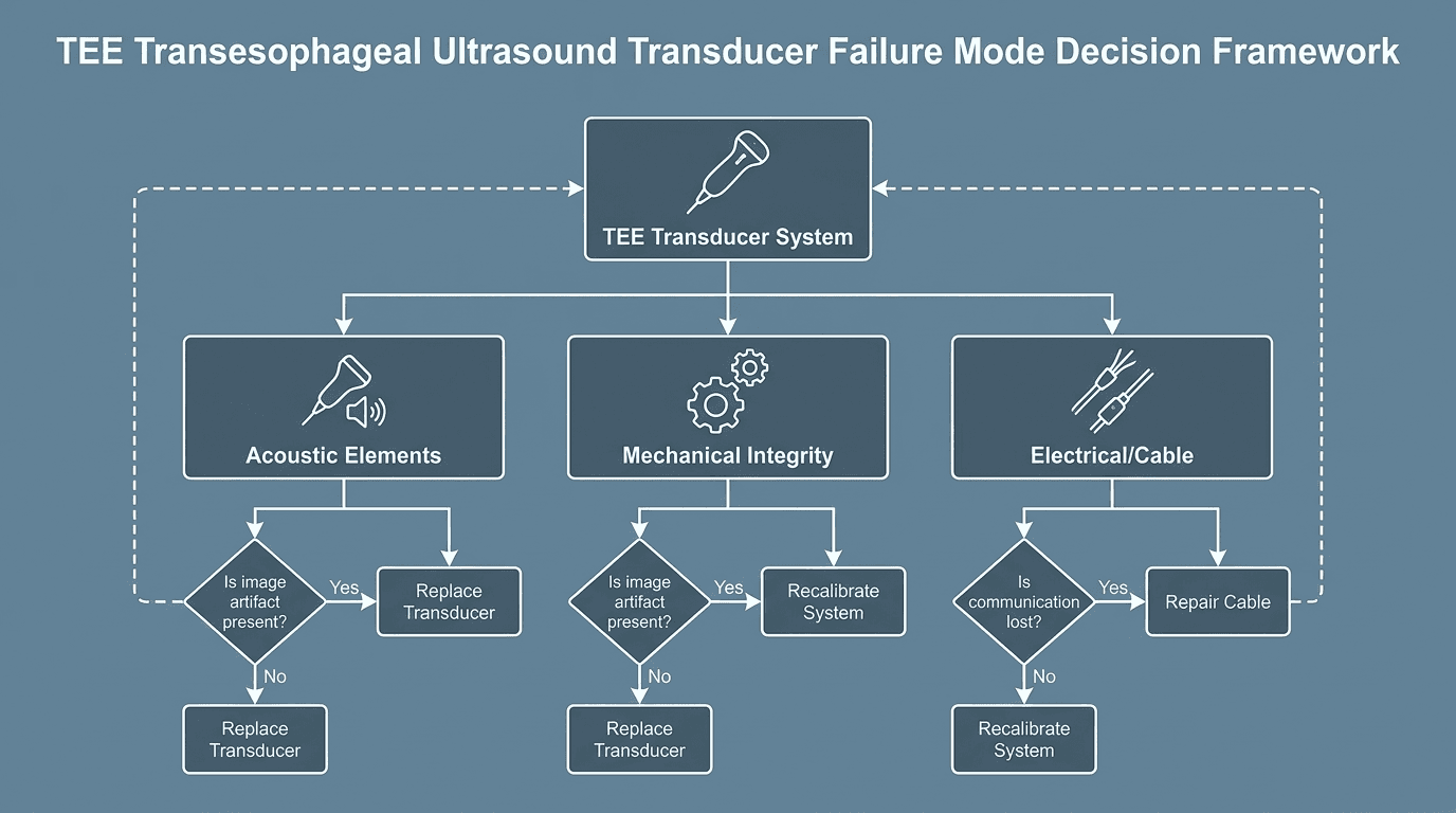 TEE ultrasound probe damage-mode-to-repair-route decision framework chart illustrating mechanical, insertion tube, articulation, acoustic and electrical leakage test gates