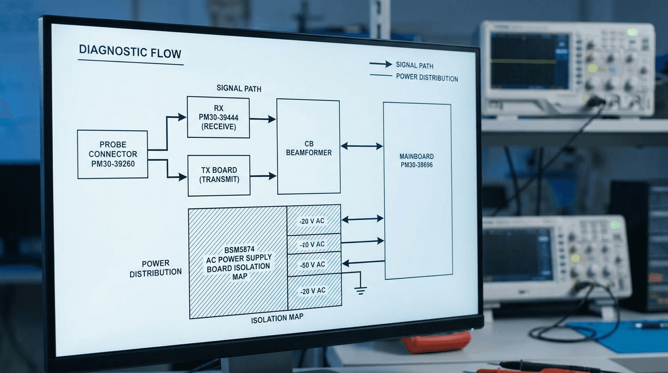 Toshiba Canon Aplio ultrasound board diagnostic decision path showing RX, TX, CB, mainboard, probe connector, and power supply isolation