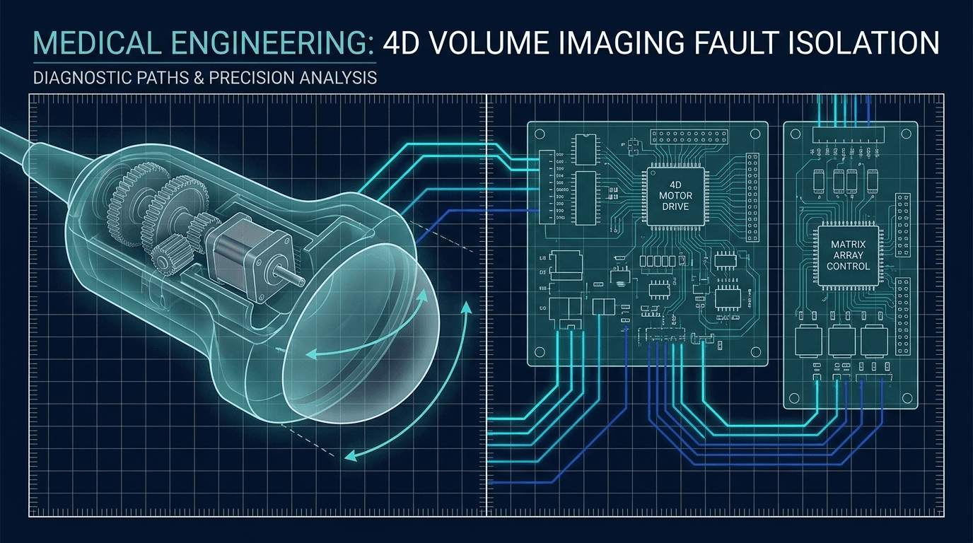 Cross-brand ultrasound 4D volume imaging fault isolation decision tree showing mechanical volume probe, console 4D motor drive board, and electronic matrix controller pathways with part numbers and FDA safety gates