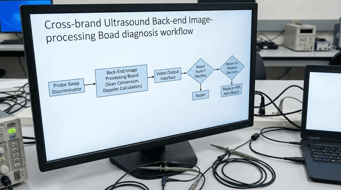 Cross-brand ultrasound back-end image-processing board diagnosis workflow showing scan conversion, Doppler calculation, video output, probe swap discriminator, and repair vs replace decision gates