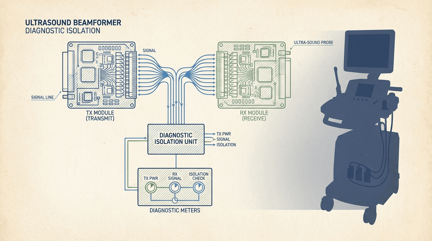 Cross-brand ultrasound front-end beamformer board fault isolation workflow showing transmit TX receive RX channel board mapping, probe swap decision tree, and board repair vs replacement gates