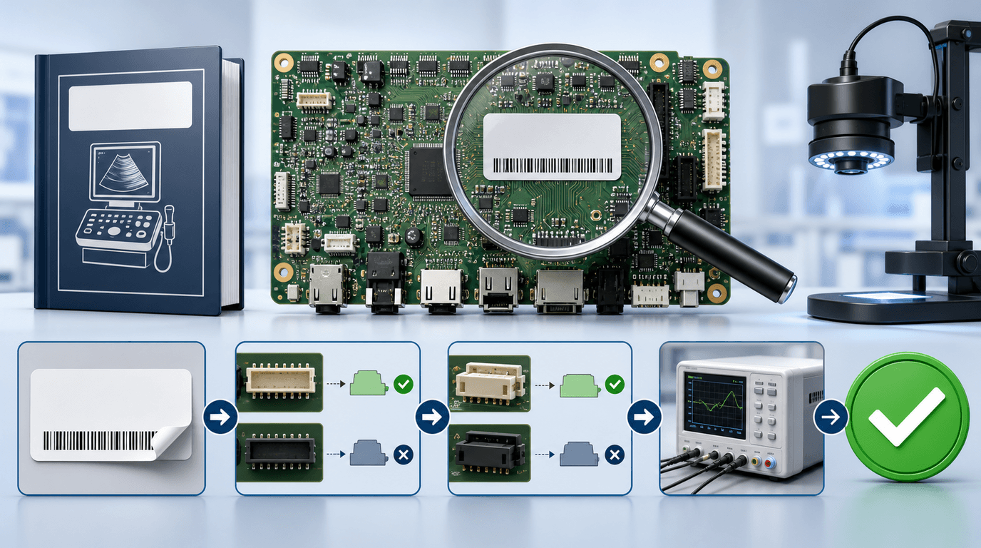 Ultrasound circuit board part number and revision verification protocol against OEM service manual and functional acceptance testing sequence