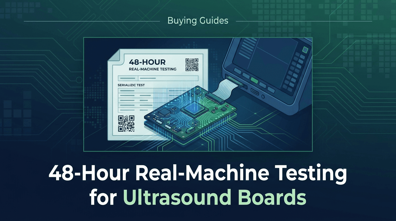 Serialized 48-hour real-machine test report evidence pack for a repaired ultrasound beamformer circuit board alongside test host scanner