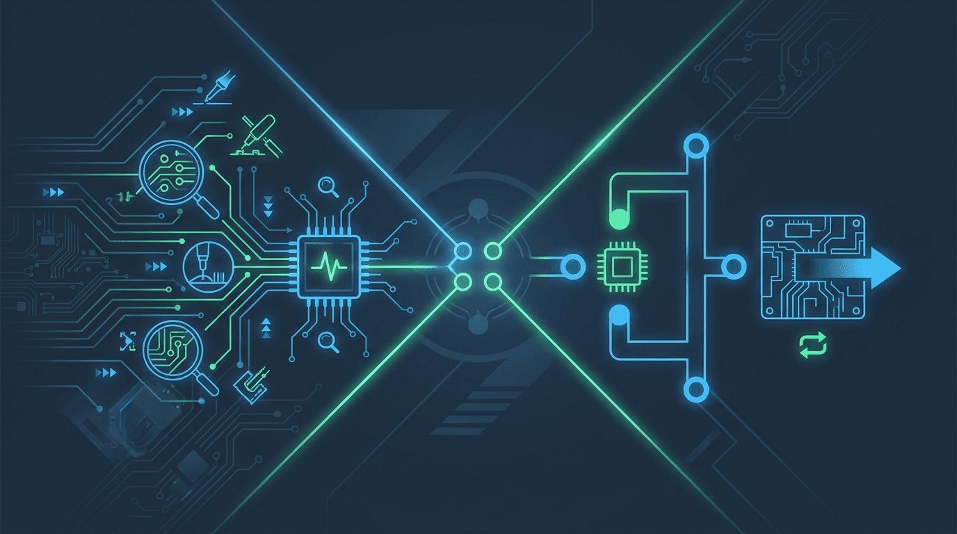 Ultrasound circuit board repair vs replacement decision framework showing four diagnostic gates comparing component-level rework, whole-board exchange, cost, turnaround, and warranty
